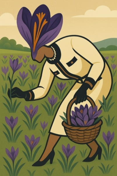 Sáfrányt szedő alak stilizált illusztráción, kosárral a kezében, lila Crocus sativus mezőben.