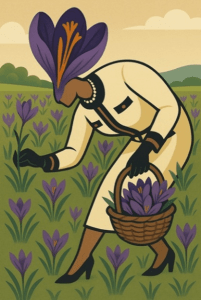 Sáfrányt szedő alak stilizált illusztráción, kosárral a kezében, lila Crocus sativus mezőben.